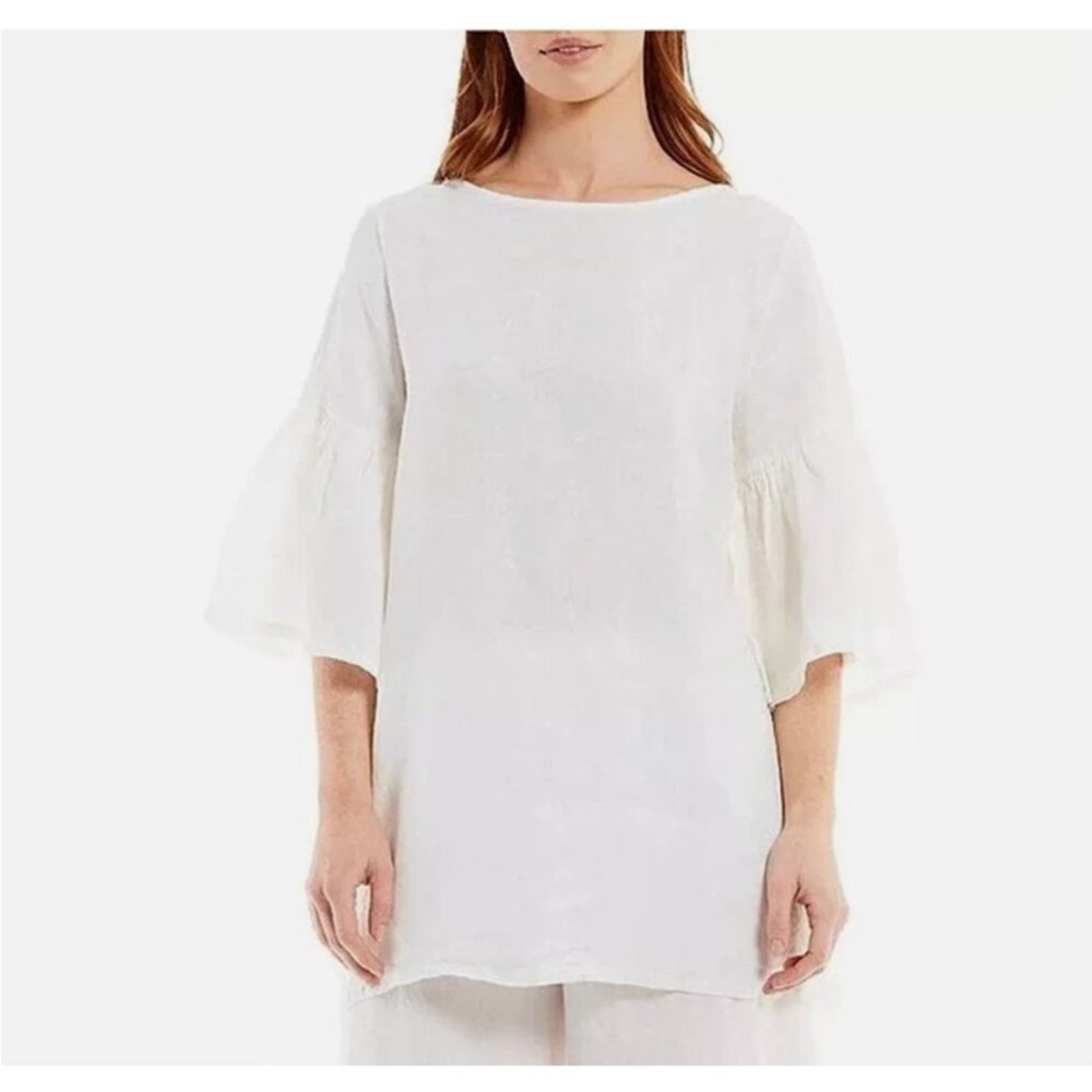 Bryn Walker Linen Women's Ruffle Belle Sleeve Lagenlook Blouse Top Beachy Summer